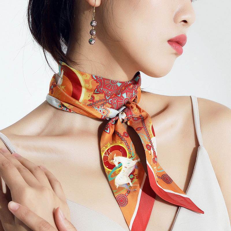 2-Piece Dunhuang Designer Orange Mulberry Silk Twilly 120x5cm - Image 3