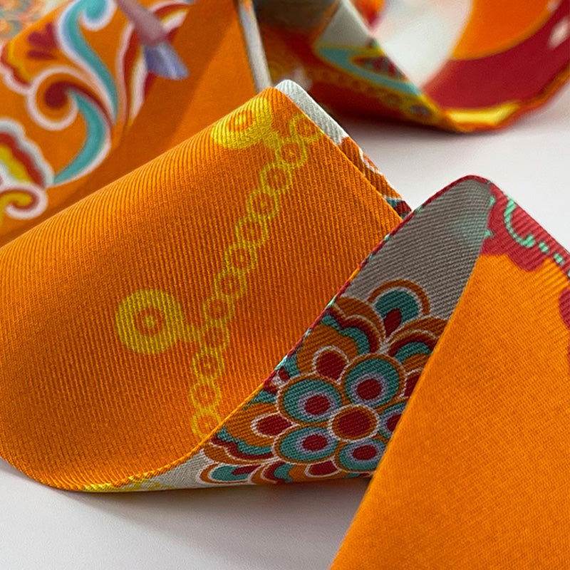 2-Piece Dunhuang Designer Orange Mulberry Silk Twilly 120x5cm - Image 4