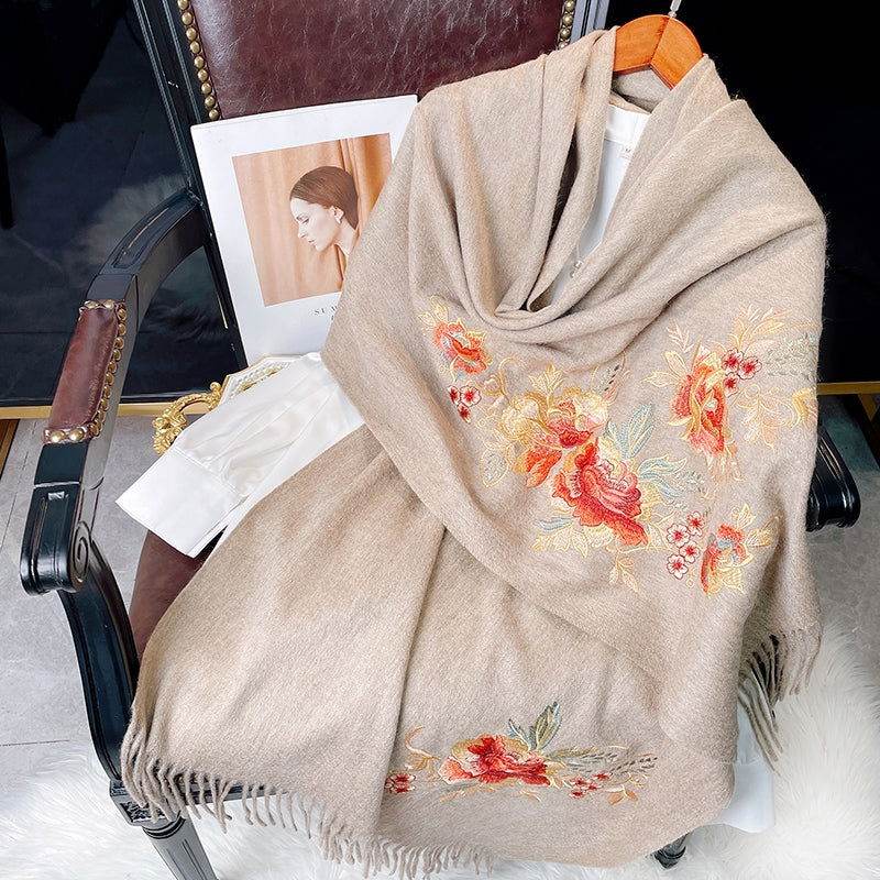 Embroidery 100% Pure Cashmere Scarf Elegant Floral Design 200x60 cm - 画像 (2)