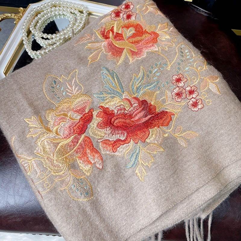 Embroidery 100% Pure Cashmere Scarf Elegant Floral Design 200x60 cm - 画像 (3)
