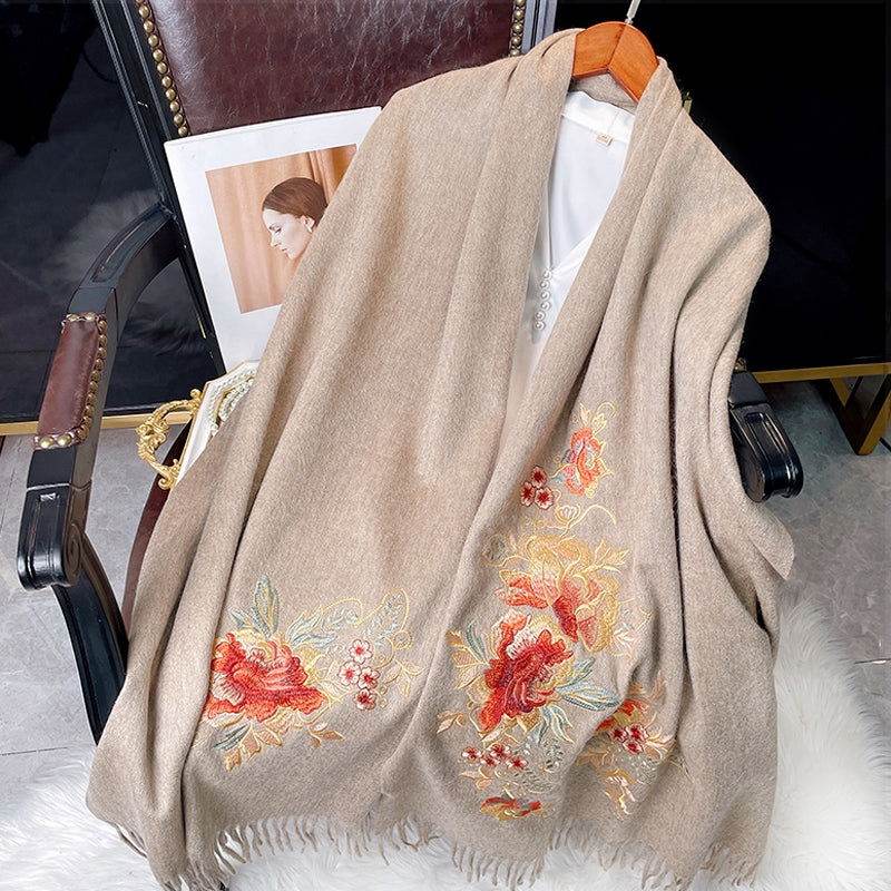 Embroidery 100% Pure Cashmere Scarf Elegant Floral Design 200x60 cm - 画像 (4)