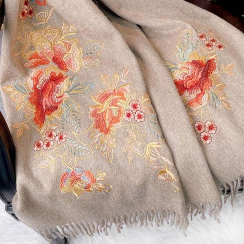 Embroidery 100% Pure Cashmere Scarf Elegant Floral Design 200x60 cm - 画像 (5)
