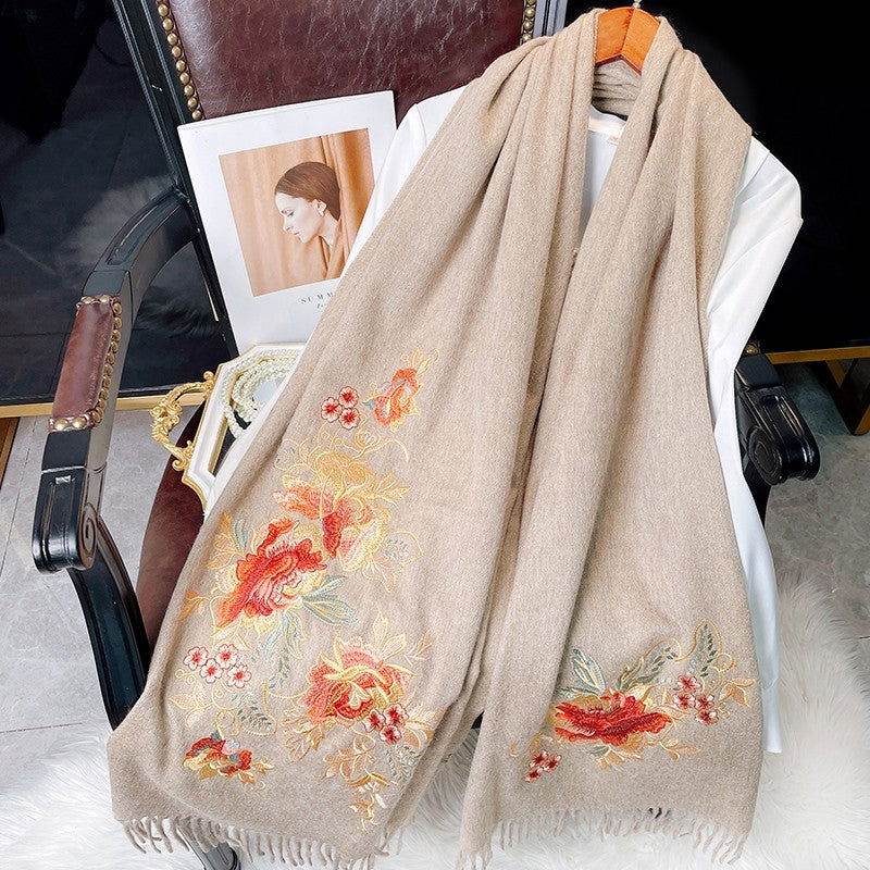 Embroidery 100% Pure Cashmere Scarf Elegant Floral Design 200x60 cm - 画像 (6)