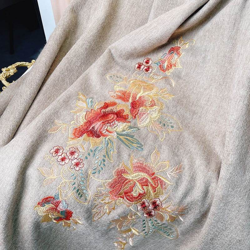 Embroidery 100% Pure Cashmere Scarf Elegant Floral Design 200x60 cm - 画像 (7)
