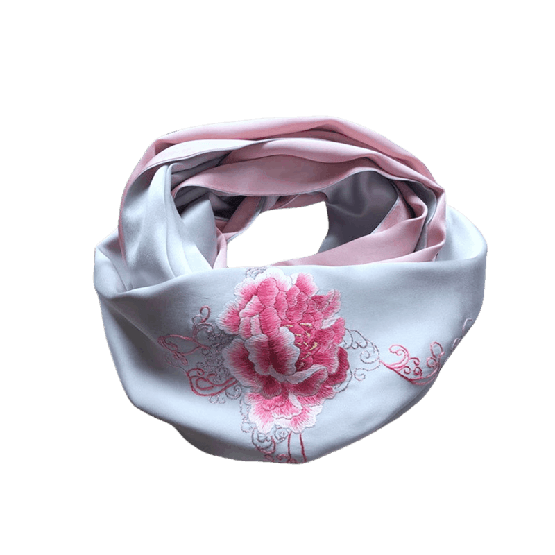 Handmade Su Embroidery 16 Momme Silk Scarf Peony 155x35cm - Image 11
