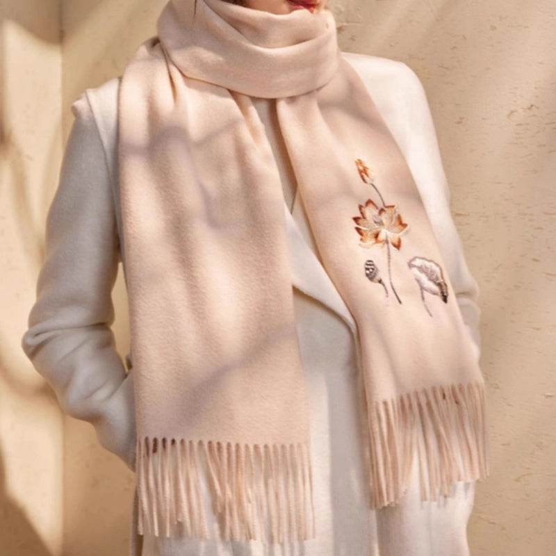 Handcrafted Embroidery Premium 100% Wool Scarf Shawl Lotus 180x30cm - Image 2