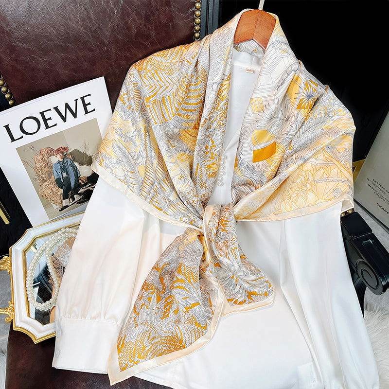 Mulberry Silk 14 Momme Square Scarf Vibrant Floral Gold 88x88 cm - Image 2