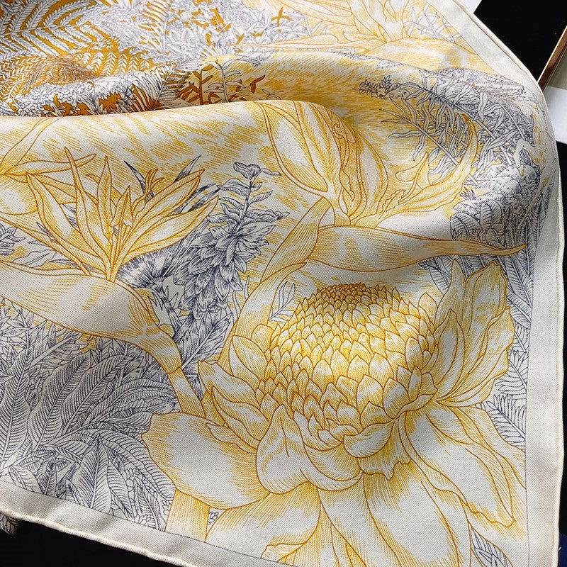 Mulberry Silk 14 Momme Square Scarf Vibrant Floral Gold 88x88 cm - Image 3