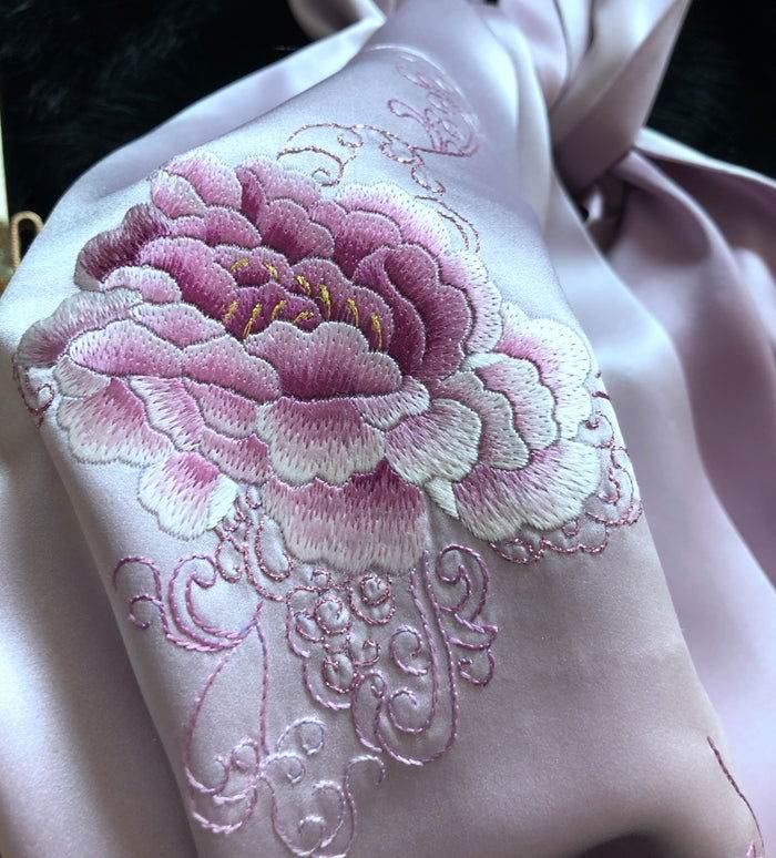 Handmade Su Embroidery 16 Momme Silk Scarf Peony 155x35cm - Image 5