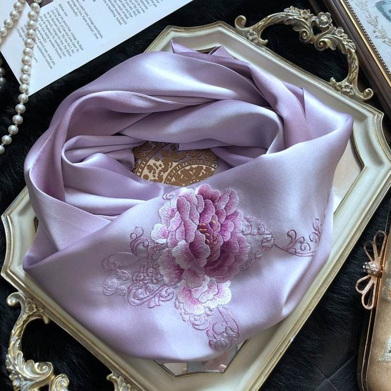 Handmade Su Embroidery 16 Momme Silk Scarf Peony 155x35cm - Image 7
