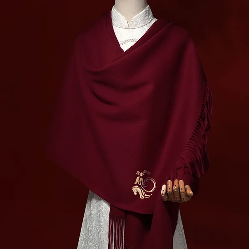 Luxury Embroidered Wool Cashmere Scarf – Horse & Persimmon Pattern - Image 2